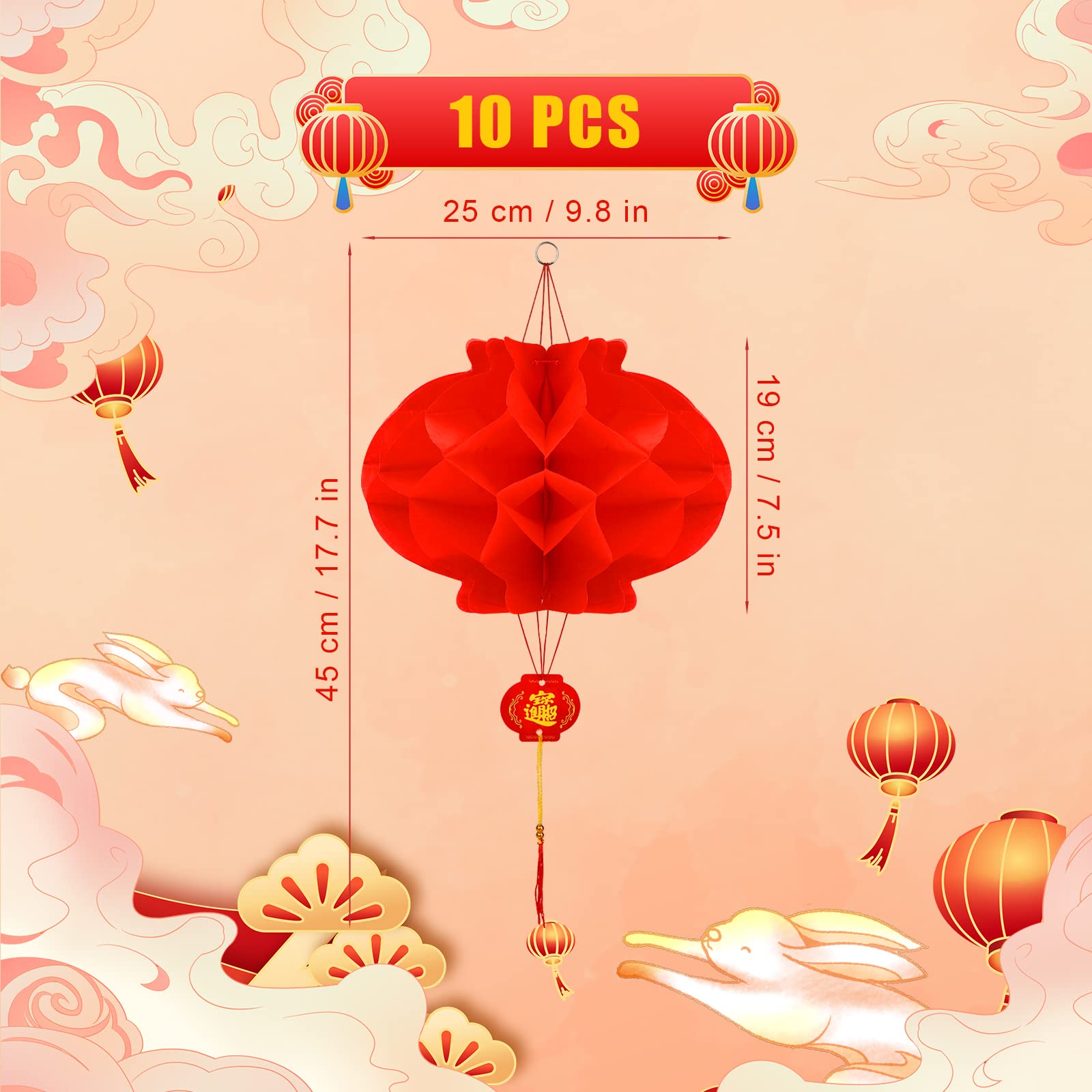 TOYMIS 10 Pieces 17.7 x 9.8 inch / 45 x 25cm Red Chinese Lanterns, New Year Lantern with Fu Character Decorations Festival Decoration for Chinese New Year Spring Festival Party Decoration