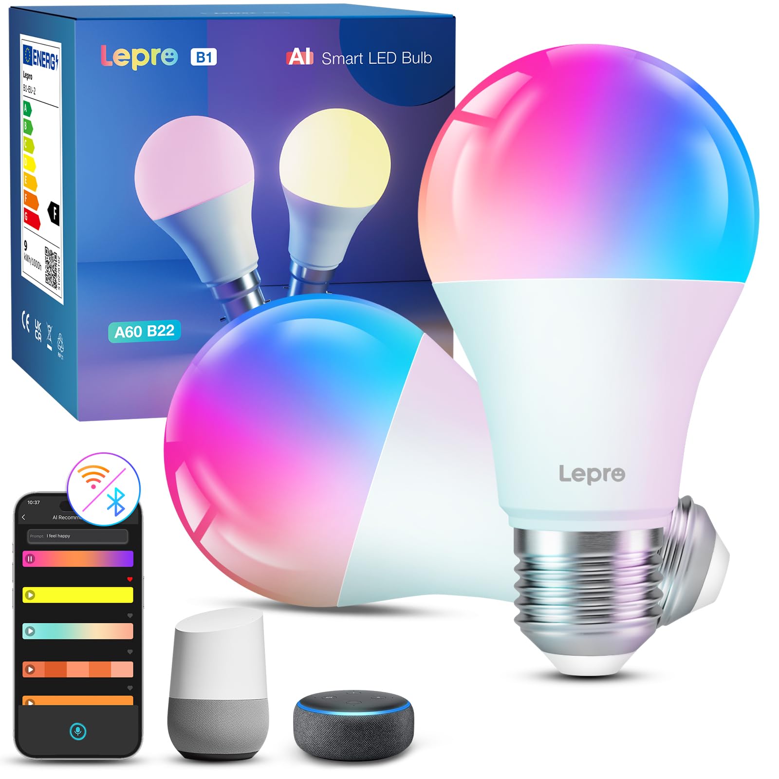 Lepro Lepro B1 IA Ampoule Connectée Wifi E27, Ampoule LED E27 Multicouleurs RGBCCT Compatible avec Alexa, Reconnaissance des Emotions et Commandes Vocales,Lot de 2