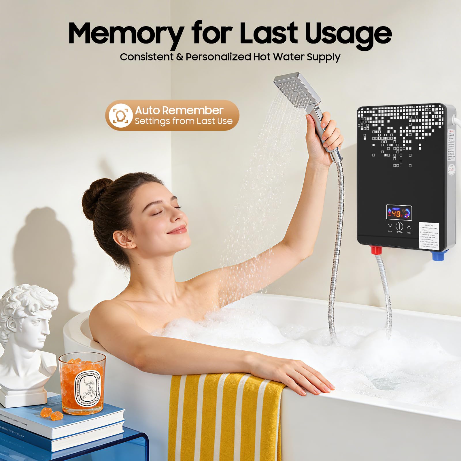 Scaldabagno elettrico 6500W con doccetta, indicatore di temperatura LED, mini scaldabagno montato a parete per doccia e cucina, funzione memoria, IPX24, protezione dall'acqua - 86-131°F (30-55°C)