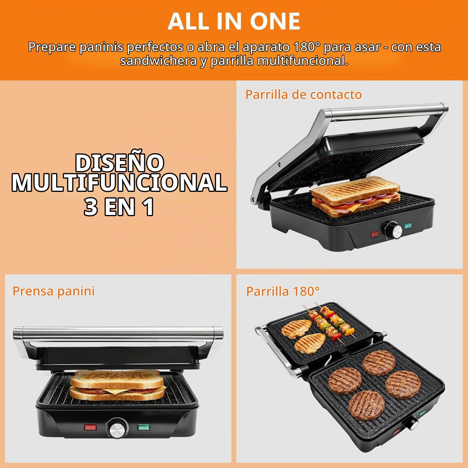 Parrilla Eléctrica, Grill, Sandwichera y Panini 2000W, Regulador de temperatura, apertura 180º, antiadherente, placa superior flotante, Cajetín Recogegrasa, 28 x 25 cm