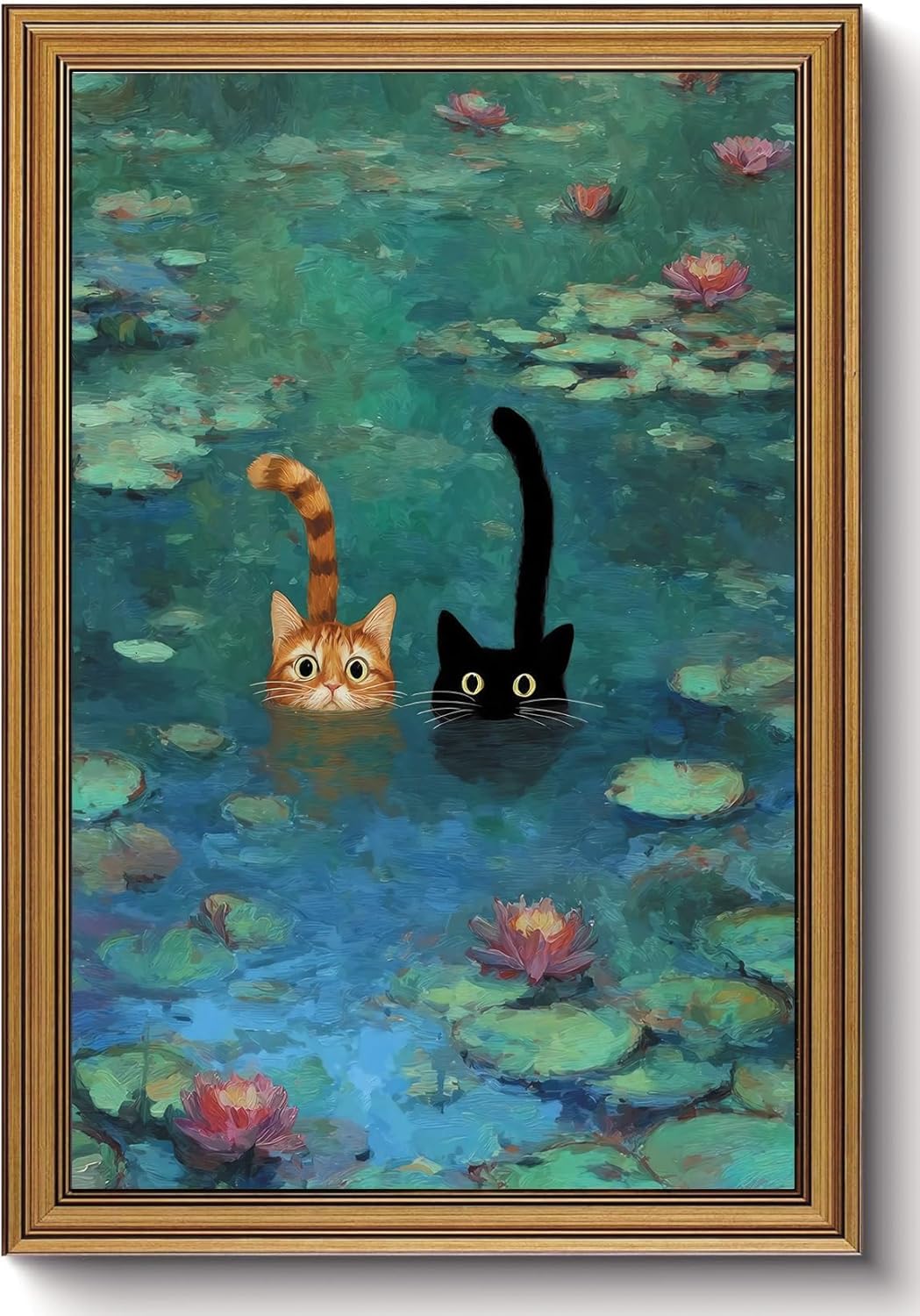 AYHSSMO Vintage Gold Framed Wall Art Monet Waterlily Wall Decor Funny Canvas Art Cute Black Cat Pictures Retro Paintings For Living Room Bedroom Bathroom Corridor 16x24in