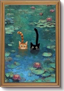 Water Lilies Cat Canvas Gold Framed Wall Art Whimsical Wall Decor