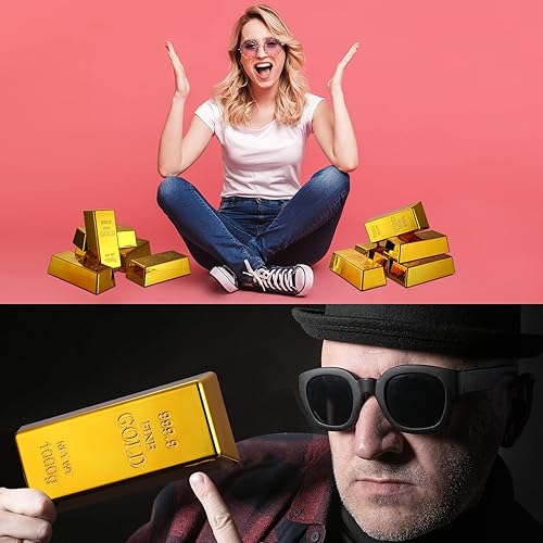 Miniatura 7 de HyDren 12 barras de oro falsas, réplicas de lingotes de oro brillantes, accesorios de película de ladrillo brillante, decoración de escenario,
