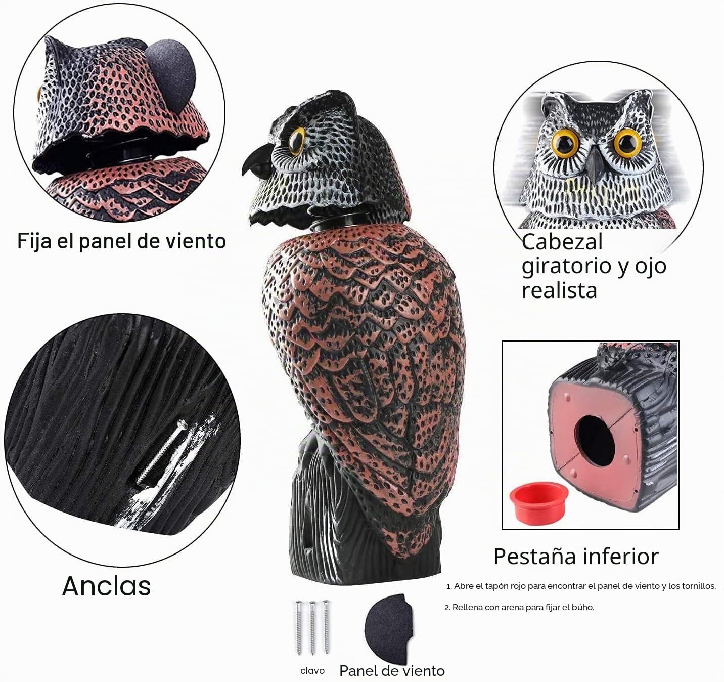 zalati - Escultura de búho falso con cabeza giratoria y sonido, alimentada por batería (no incluida), para jardín, espantapájaros y control de plagas