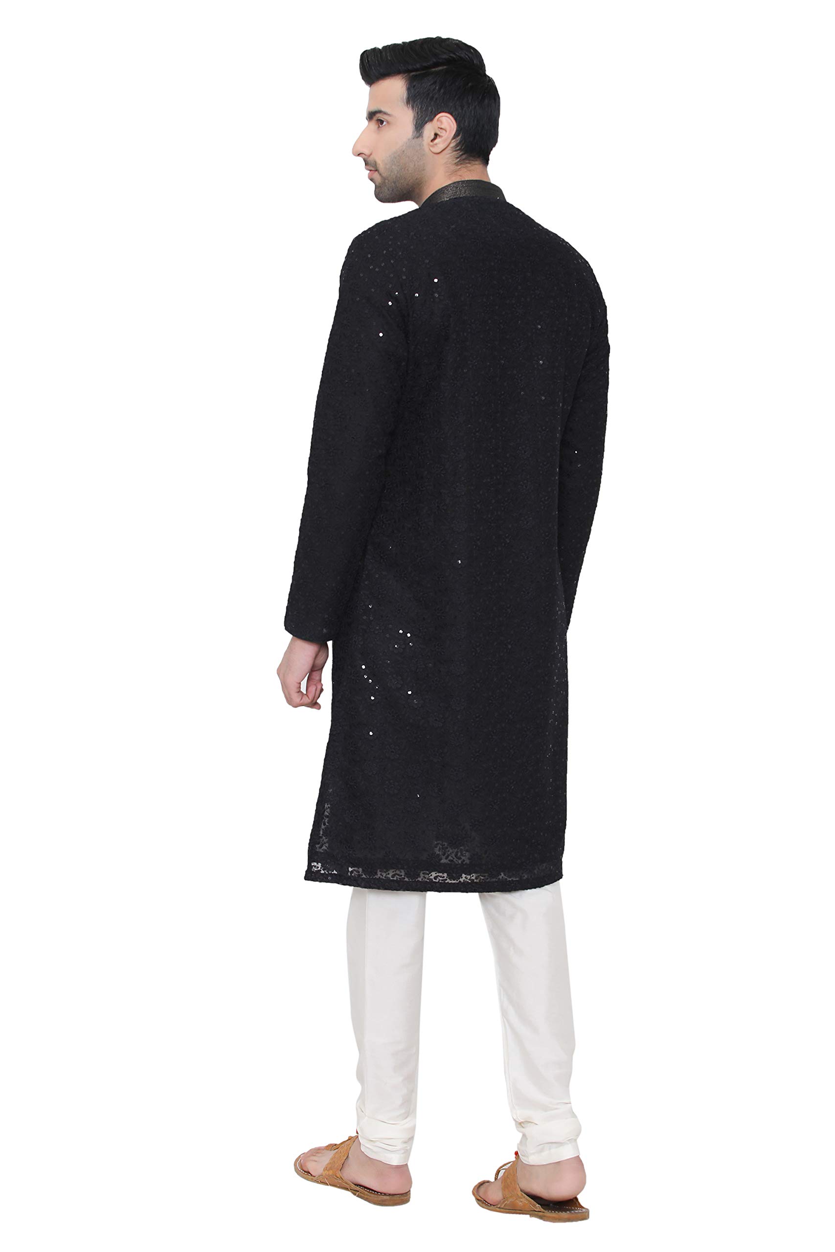 Manyavar Embroidered Knee Long Full Sleeves Kurta and Churidar Set for Men - (Black, Large) (SOSK452) 3