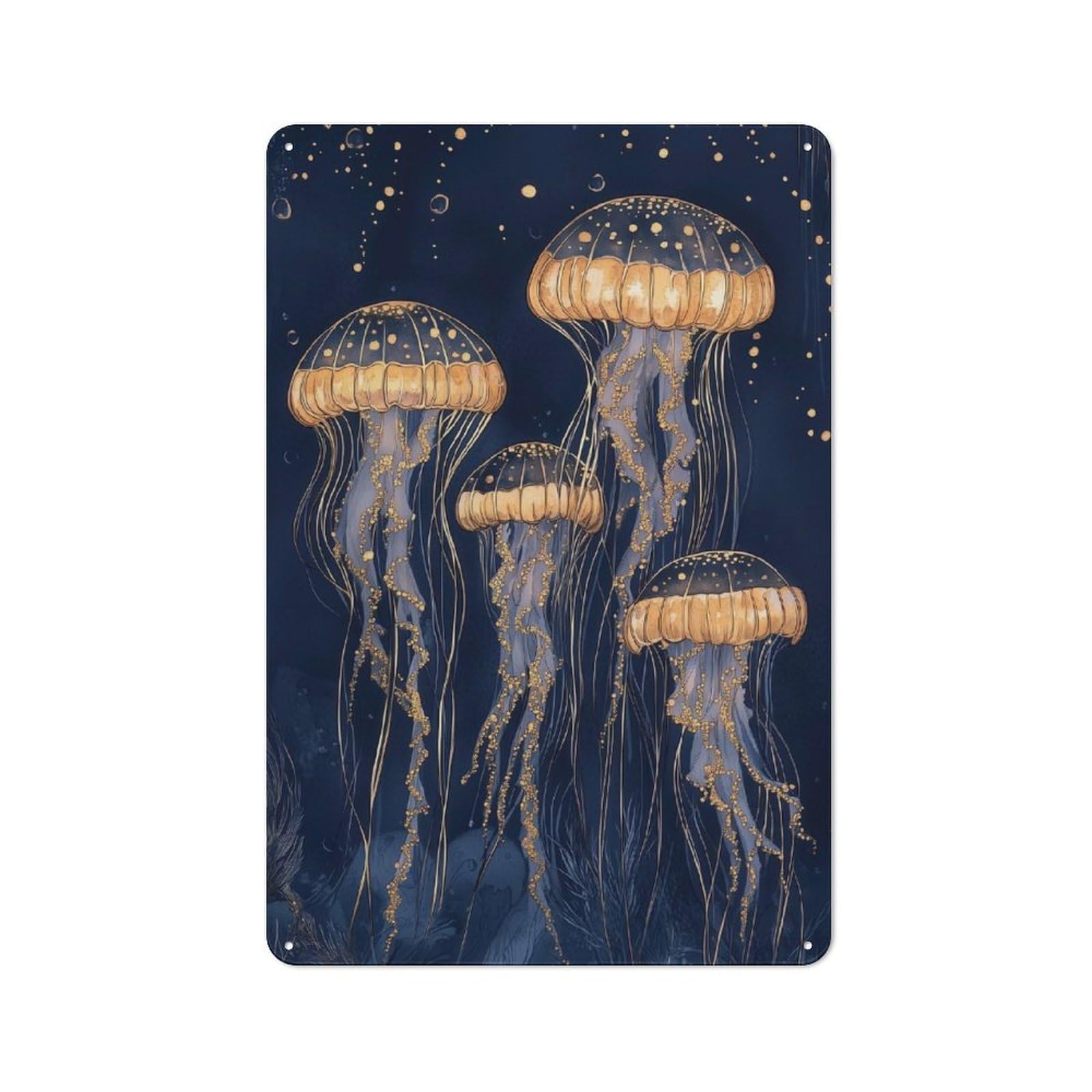 Junmoney Style-12 Abstract Golden Jellyfish Retro Tin Sign 30X20cm For Café Or Restaurant, Housewarming Wall Decor For People Furnishing Café And Restaurant