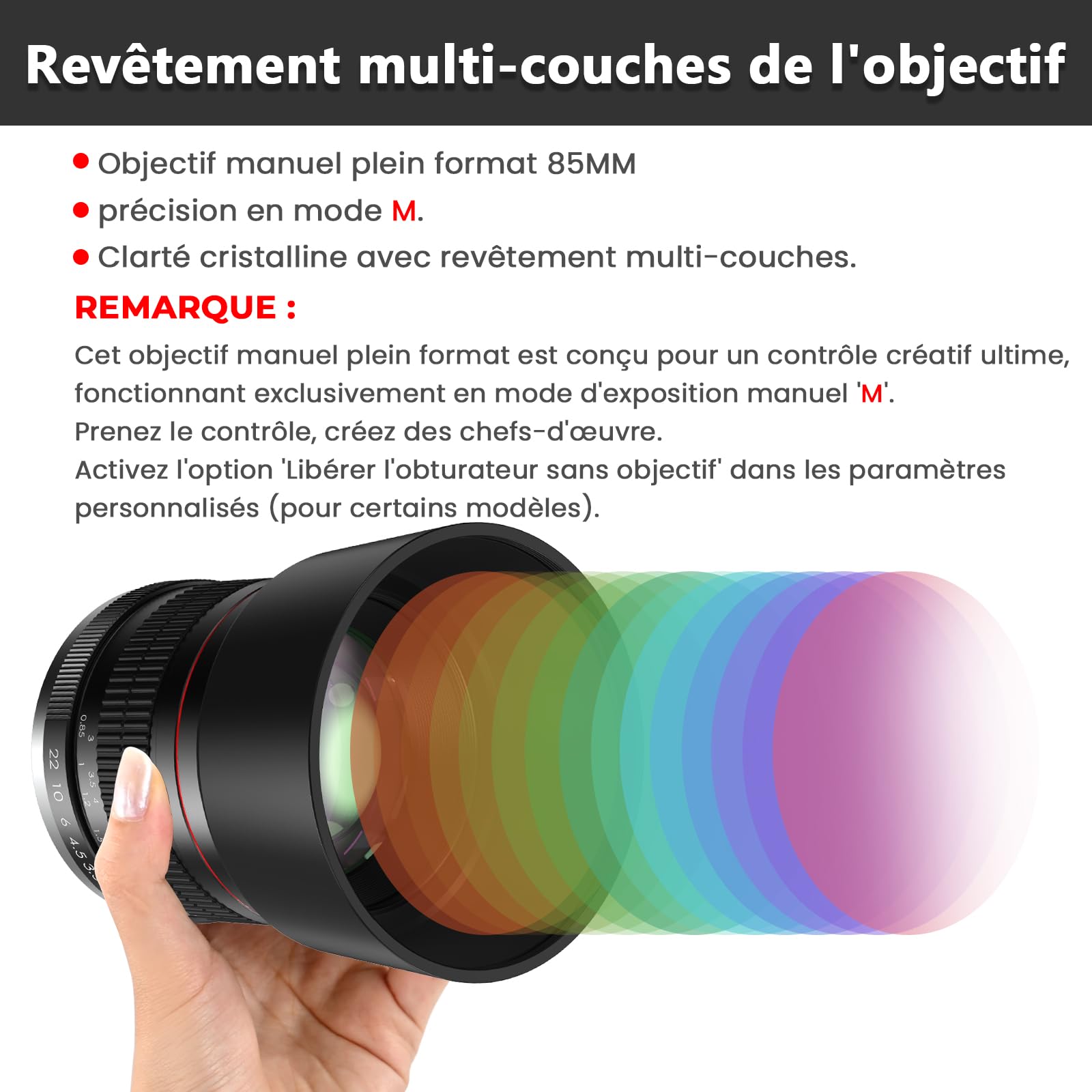 Lightdow EF Objectif 85mm F1.8 Manuel, Plein Format, Compatible Canon EF EF-S, Idéal pour Portrait, Mise au Point Manuelle, Corps en Métal pour Canon EOS 90D 7D 6D 5D Mark II/III/IV, Rebel T7 et Plus