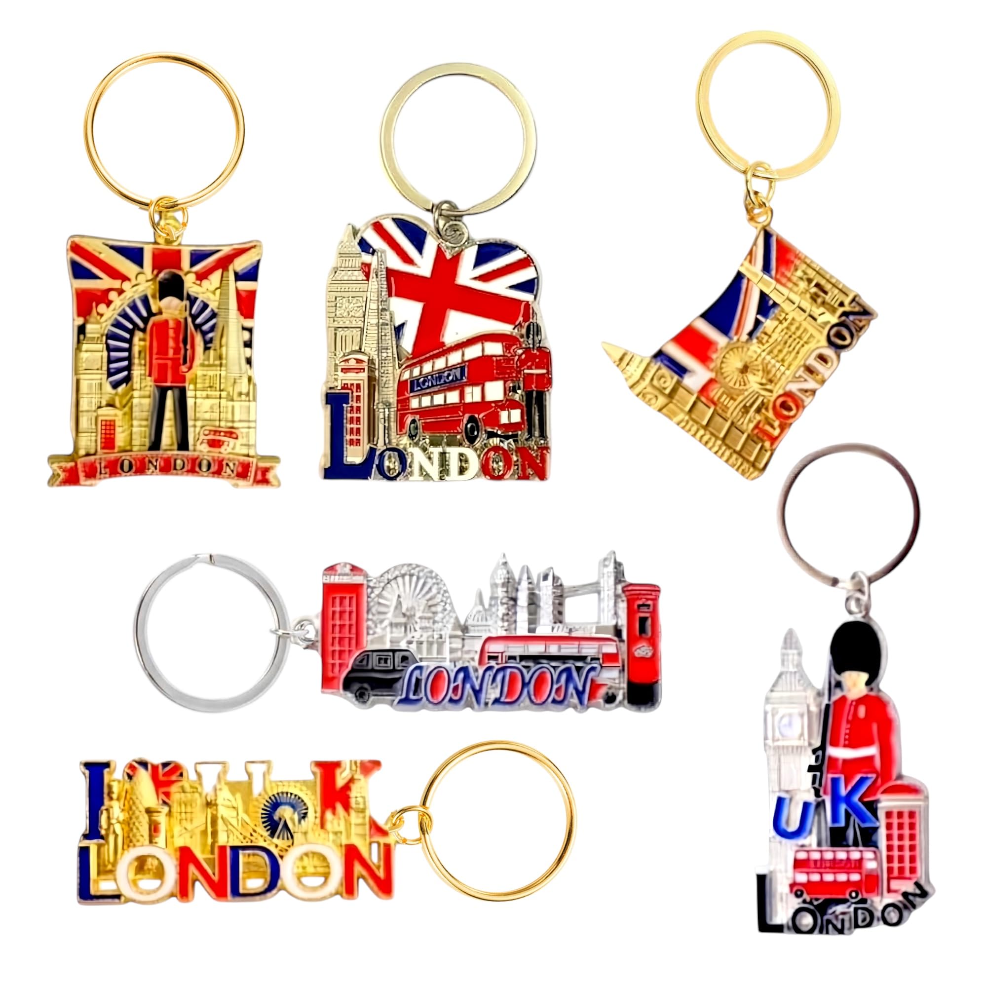Souvenirs Unisex Multicolour 6X London Keyrings - British Keychain - London Key Ring - London Bus - England Metal Keyholders