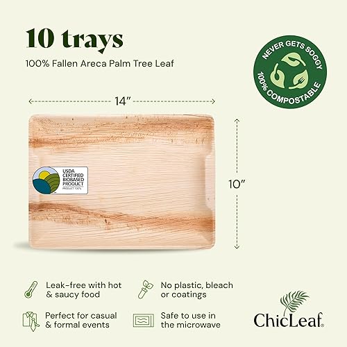 Miniatura 2 de Chic Leaf Bandejas de hoja de palma 100% compostables como bandeja y plato de bambú desechable de 10 x 14 pulgadas rectangular (10 piezas)  Tablas