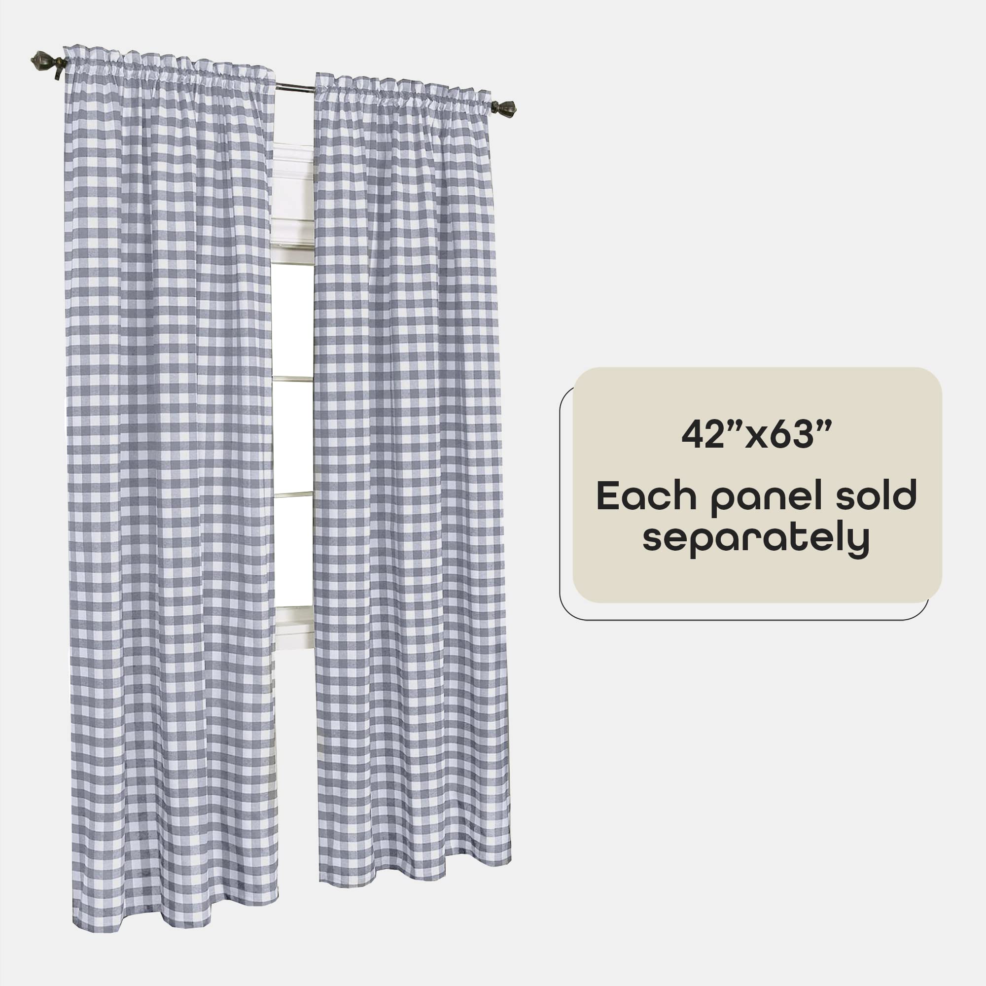 Buffalo Check Panel Window Curtain, 42 Inch Width, 63 Inch Length, Grey & White Plaid - Image 4