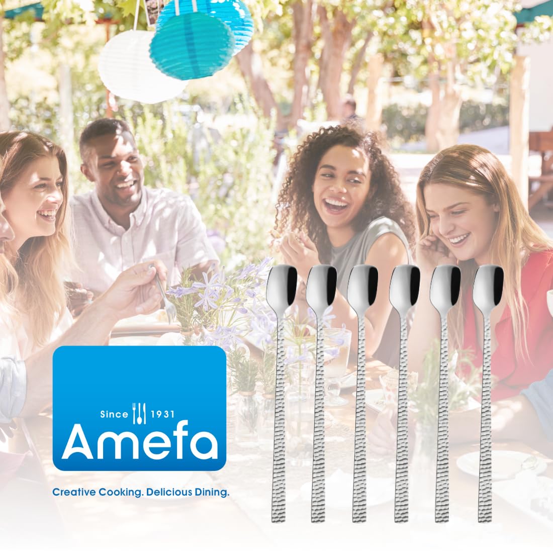 Amefa FELICITY Latte Macchiato Löffel/Longdrinklöffel Set 6-teilig, Hochwertige Löffel lang, Gehämmert, Löffel Longdrink im Hammerschlag-Design, 18/0 Edelstahlbesteck, Spülmaschinenfest