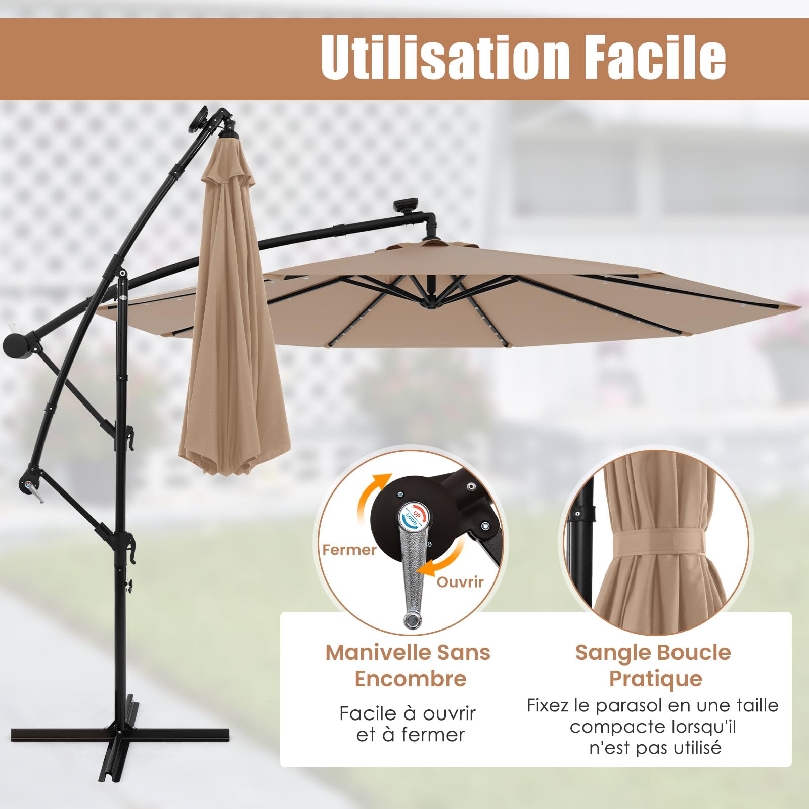 GOPLUS Parasol Déporté 3x3M, Grand Parasol de Jardin Extérieur avec 32 LED Solaires, 8 Baleines, Protection Solaire, Toile Inclinable, Rotatif à 360° pour Balon Patio Terrasse
