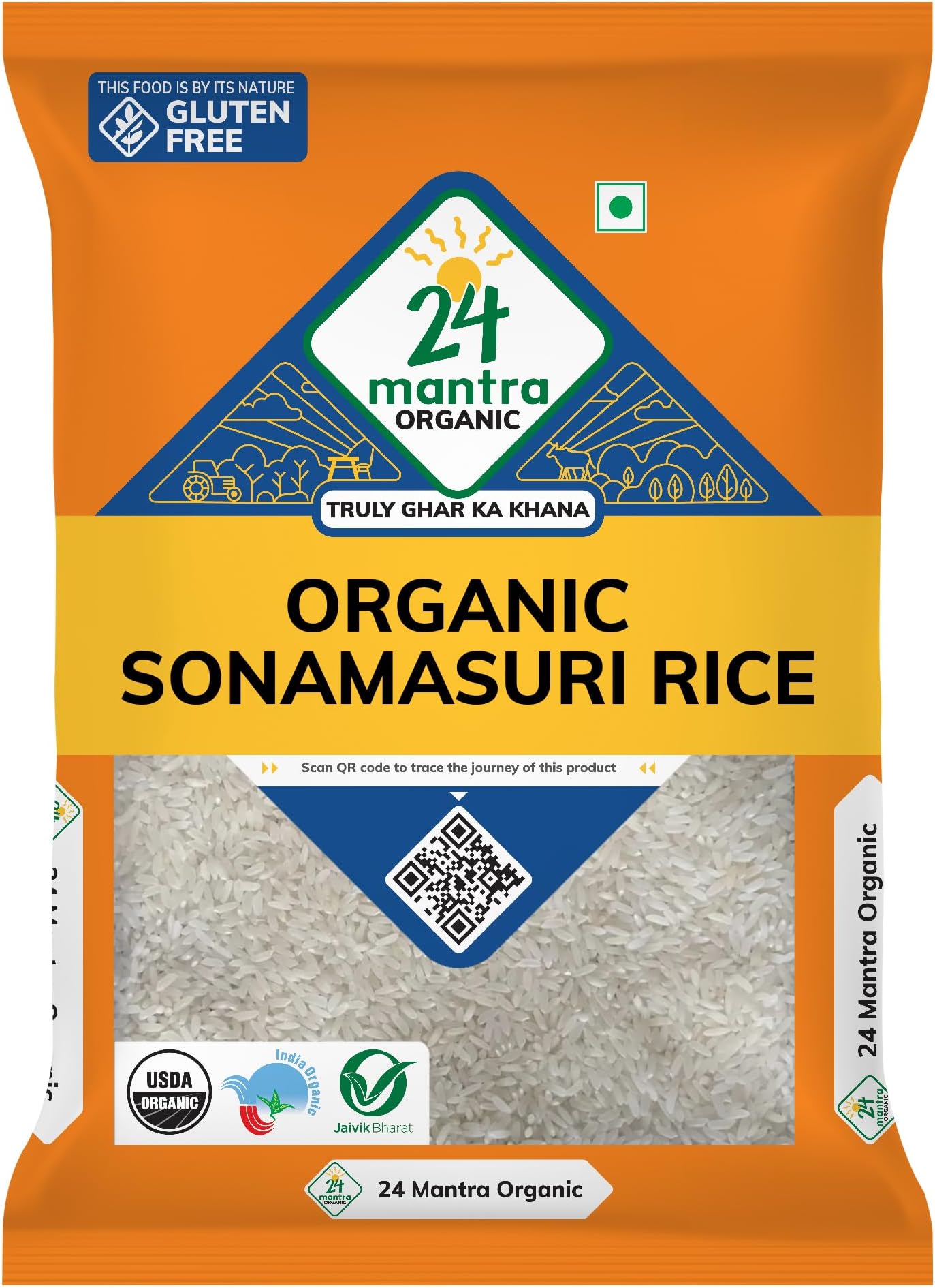 24 Mantra Organic Sonamasuri Polished Raw Rice/Sonamasoori Chawal - 5 Kg | Pack of 1 | 100% Organic | Chemical Free & Pesticides Free