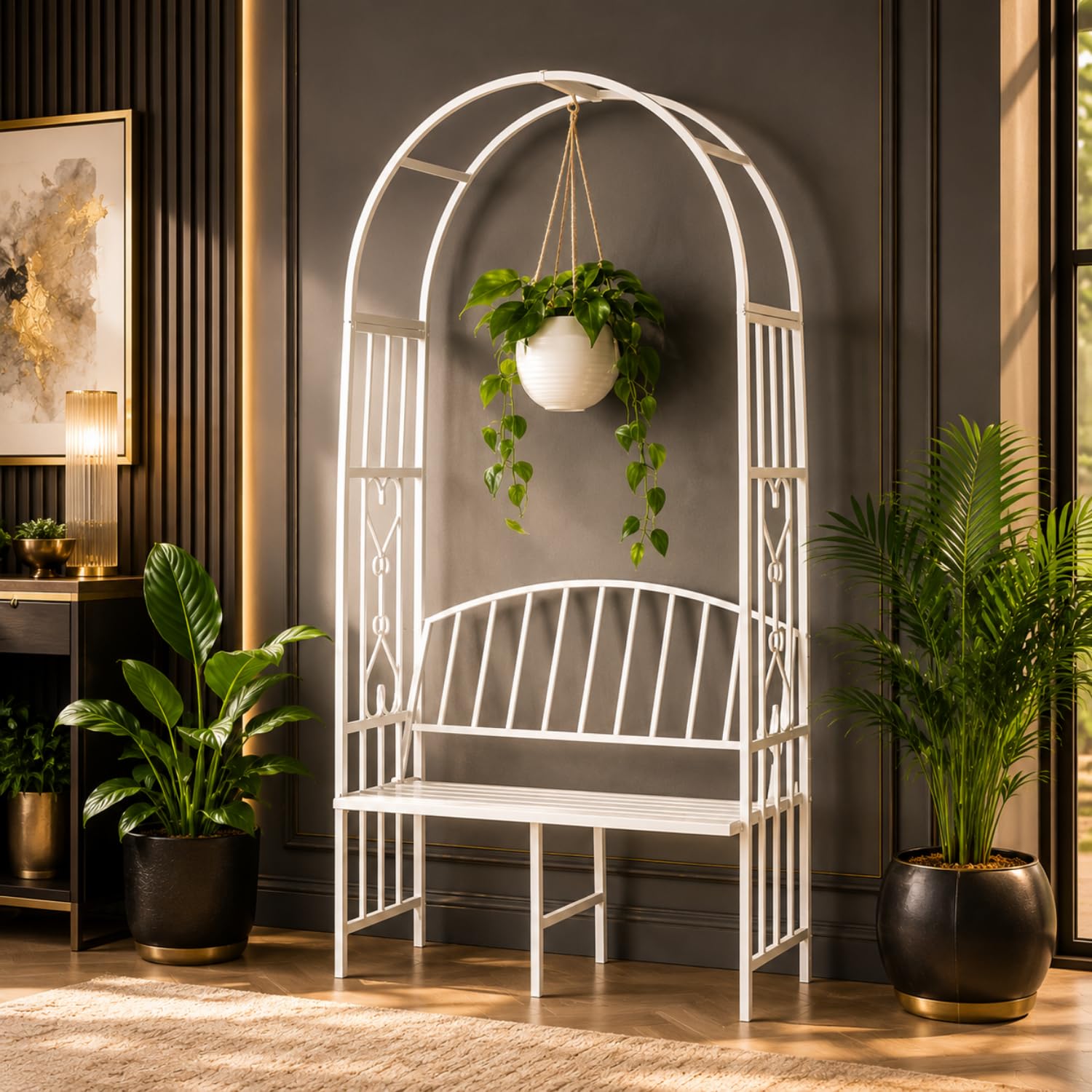ecofynd 6.6 Feet High x 3 Feet Wide Garden Arch with 2-Seater Bench, Metal Arbor Trellis for Climbing Plant with Outdoor Garden Chair, Backdrop Stand for Wedding Lawn Backyard Party Decor (GC001-WHT)-picture-12