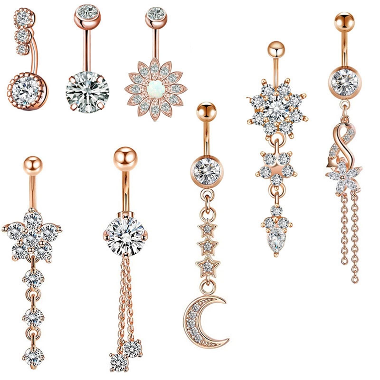 Banane Piercing, Bauchpiercing Rosegold Roségold Edelstahl 8 Stück 14G Bauchnabelpiercing Damen Weiß Rund Zirkonia Blumenmond Rund Weiß