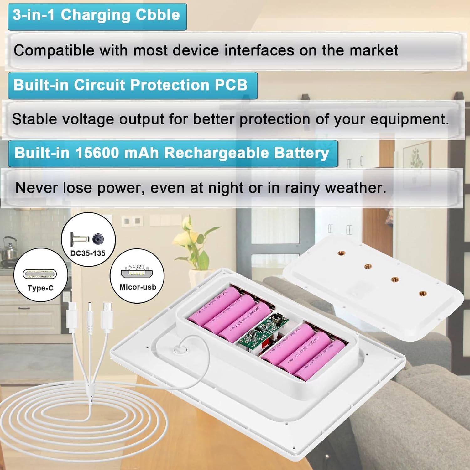 Panneau solaire 9W/5V avec batterie rechargeable intégrée de 15600mAh,avec câble de charge 3 en 1 de 1.5m (micro USB,Type-C et connecteur DC3,5x1,35) pour caméras de sécurité et autres appareils