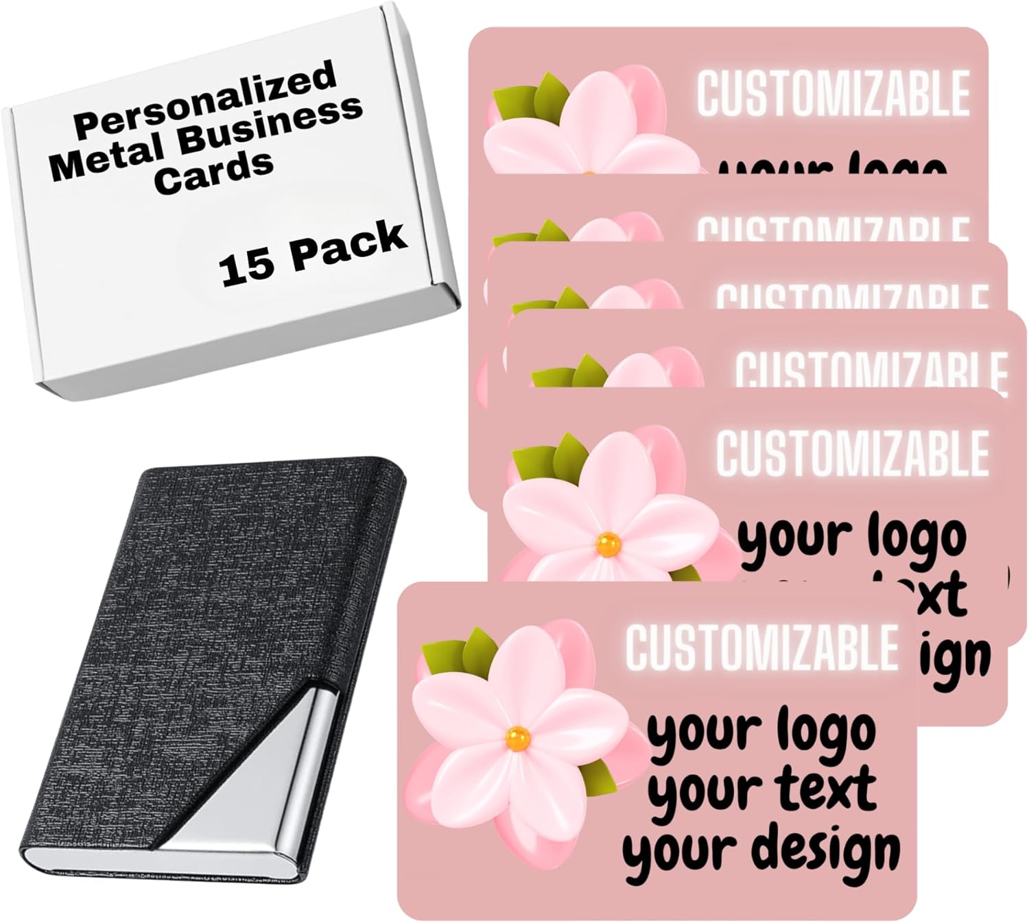 15 Pack Personalized Metal Business Cards – Full Color Aluminum with Glossy Finish, Fade Resistant – Custom Name or Logo – Includes PU Leather Magnetic Case – Durable, Premium Look