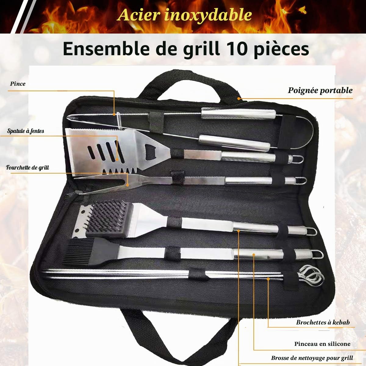 Lot de 10 ustensiles de Barbecue en Acier Inoxydable avec Sac de Transport
