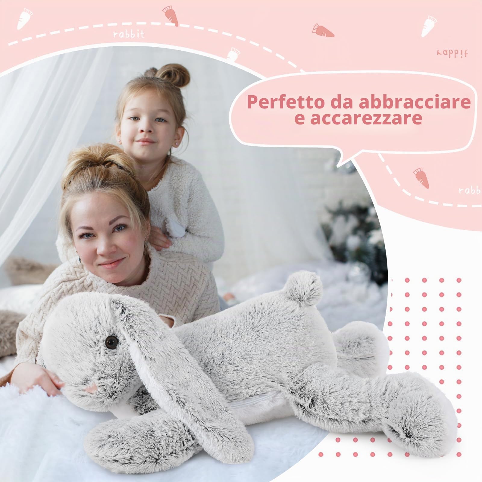 MorisMos Coniglio Peluche Gigante, 60cm Mom Coniglio con 3 Kawaii Bebè Grigio Easter Bunny Teddy Morbido Animali di Peluche Grande Regalo per Ragazzi Ragazze Fidanzata Pasqua Compleanno Deco