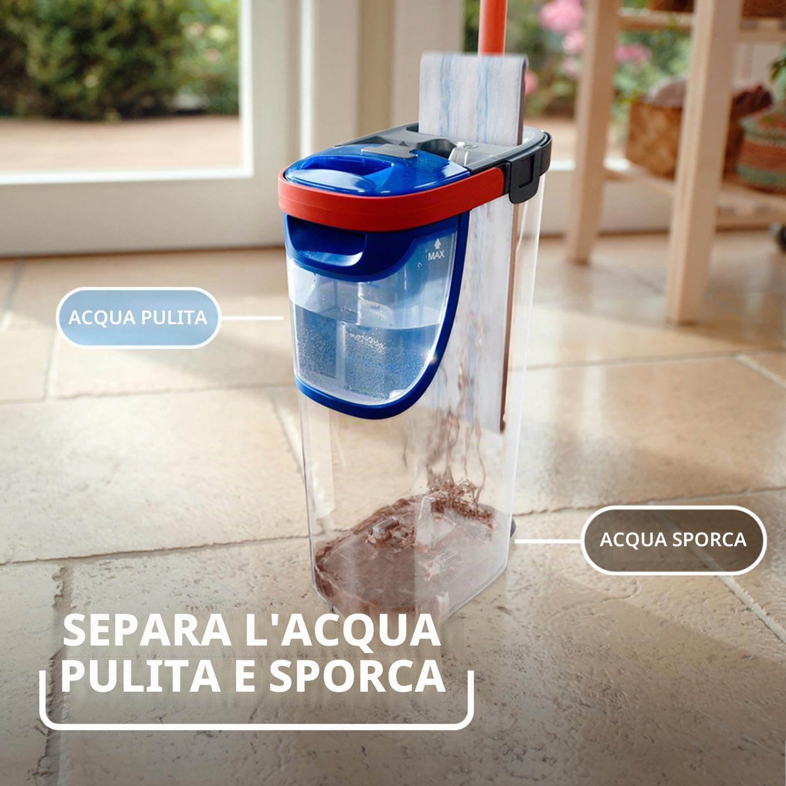 Vileda H2prO - Sistema di pulizia per mocio piatto che separa l'acqua pulita dalla sporcizia.