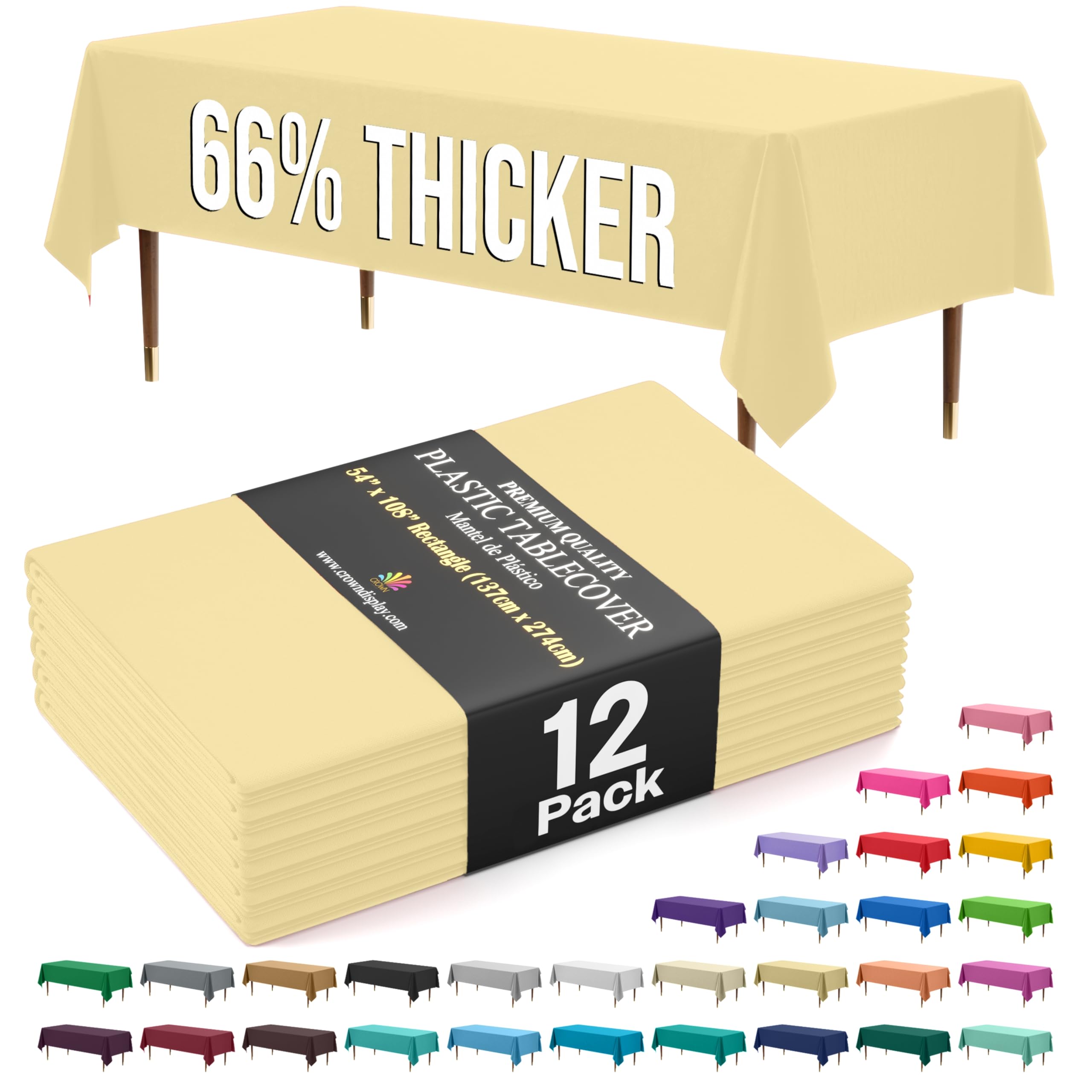 Exquisite 66% Thicker Premium Plastic Table Cloth Rectangle Table Cover 0.5 Mil 12 Pack Light Yellow Table Cloth 54 Inch x 108 Inch reusable Tablecloth Won't Tear Easily Like Cheap Thin Brands