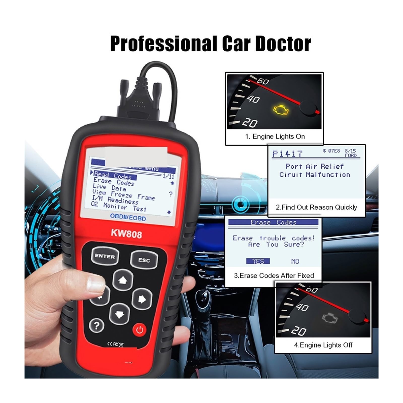 KW808 Car OBDII EOBD Fault Scanner Code Reader Fault Engine System Diagnostics Tools