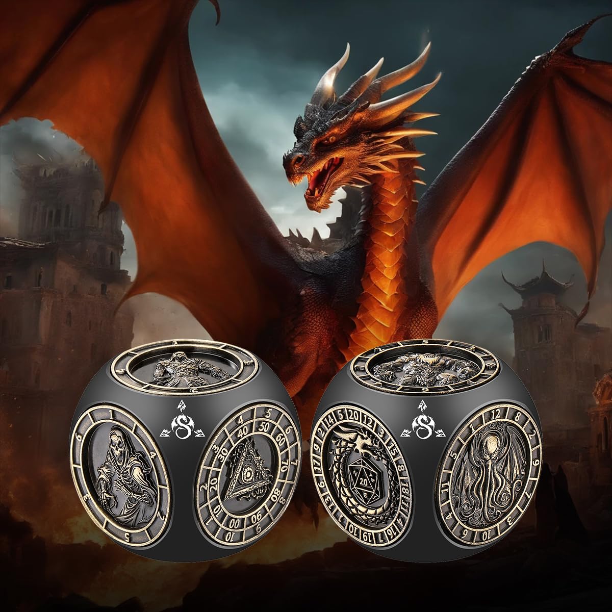 DND Spinner 7-en-1 Dés, Design en Relief 3D, Set de Dés en Métal D&D, Motif à 6 Côtés, Dés de Jeu Rotatifs Polyédriques D&D, Cadeaux DND avec Boîte Cadeau à Logo Dragon, Jeu de Rôle Accessoires, Noir