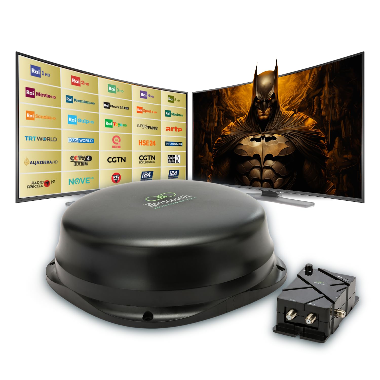 MOSCATELLI Antenna TV Camper Omnidirezionale DVB-T/T2 per Interno/Esterno – Antenna Camper 12/24/220V con Filtro LTE 4G – Kit Completo con Amplificatore Potente e Cavi Coassiali – Nero