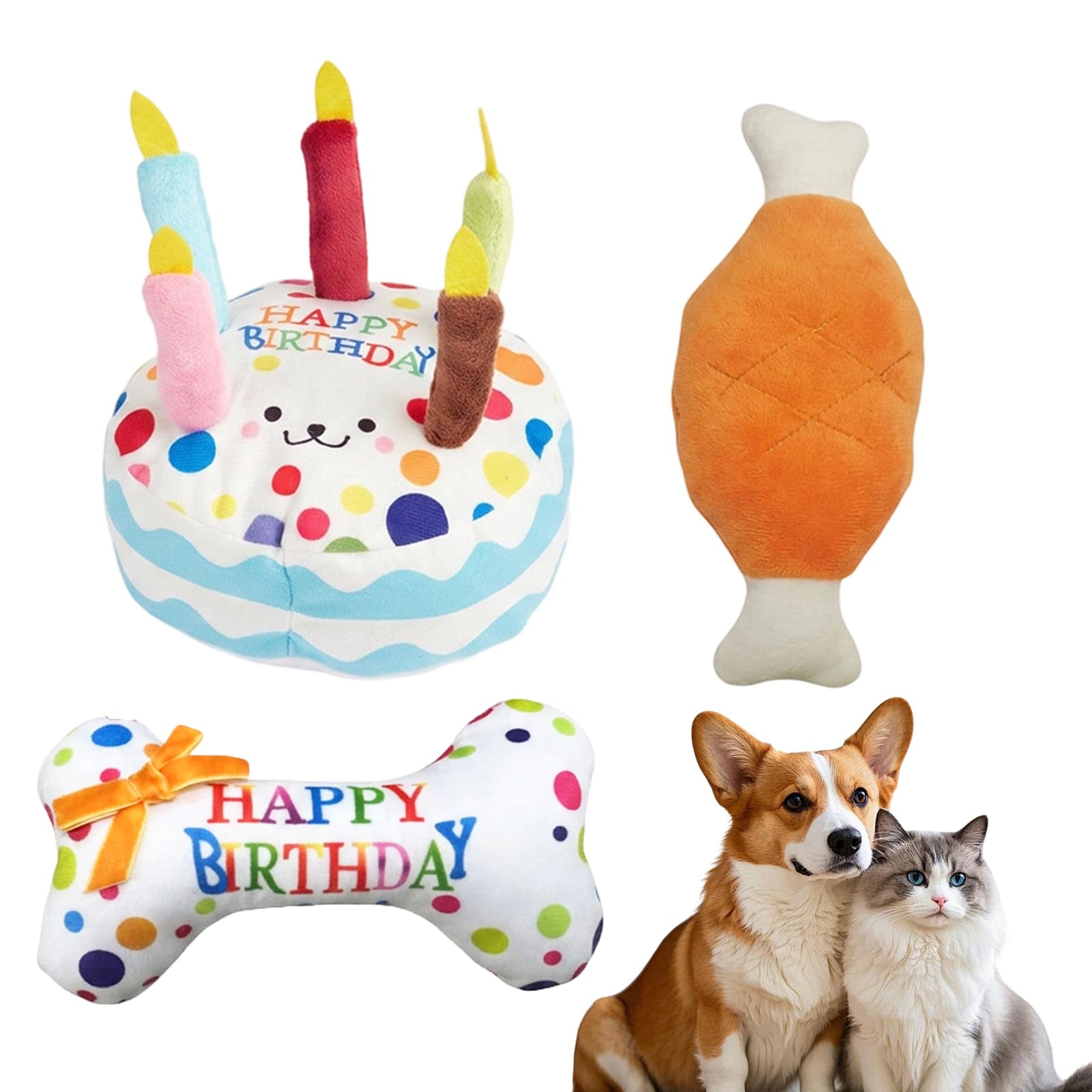 SrgPui Dog Birthday Toy, Dogs Birthday, 3-Piece Interactive Play Set with Squeaky Cake, Bow Bone, and Double Chicken Leg, Perfect for Indoor and Outdoor Celebrations with Your Canine Companion