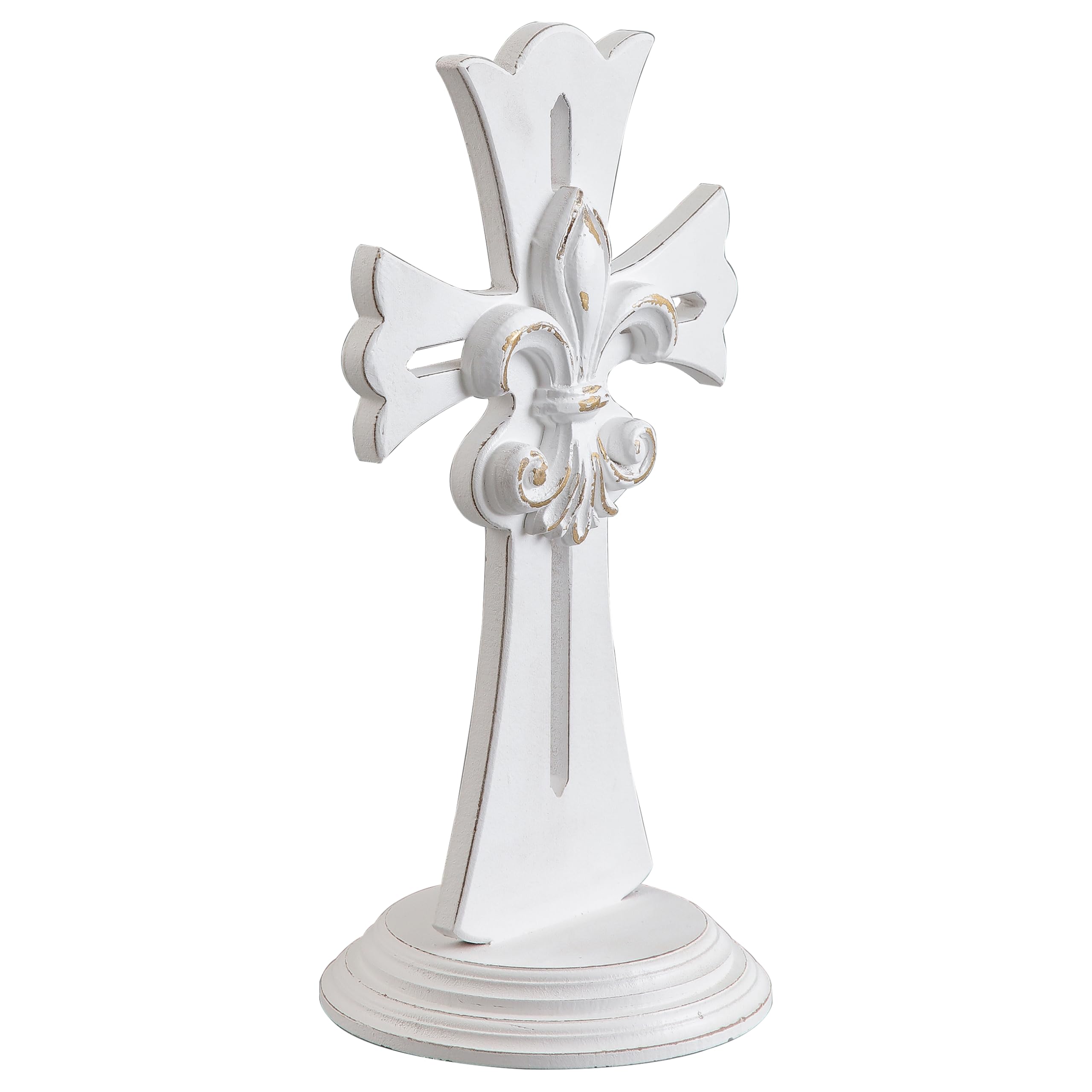 SOFE Rustic White Standing Wood Cross 15 Inches Tall, Large Decorative Signs Cross Decor with Floral Carving, Centerpieces for Tables, Religious Gift for Catholic Easter Christmas