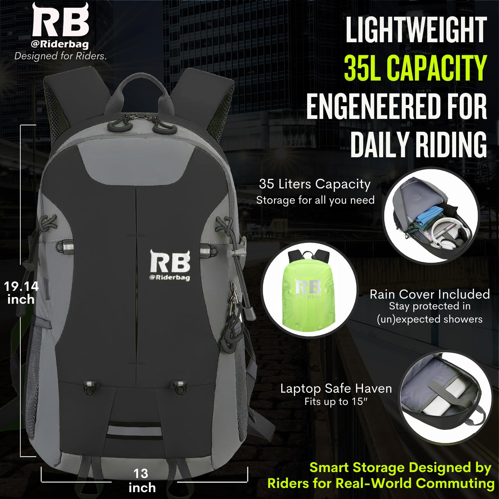 riderbag Reflektierender Motorradrucksack, leichter Laptoprucksack für Motorradfahrer. Reiserucksack. Fahrrad Sicherheit im Dunkeln. Mit optionalem Rückenprotektor