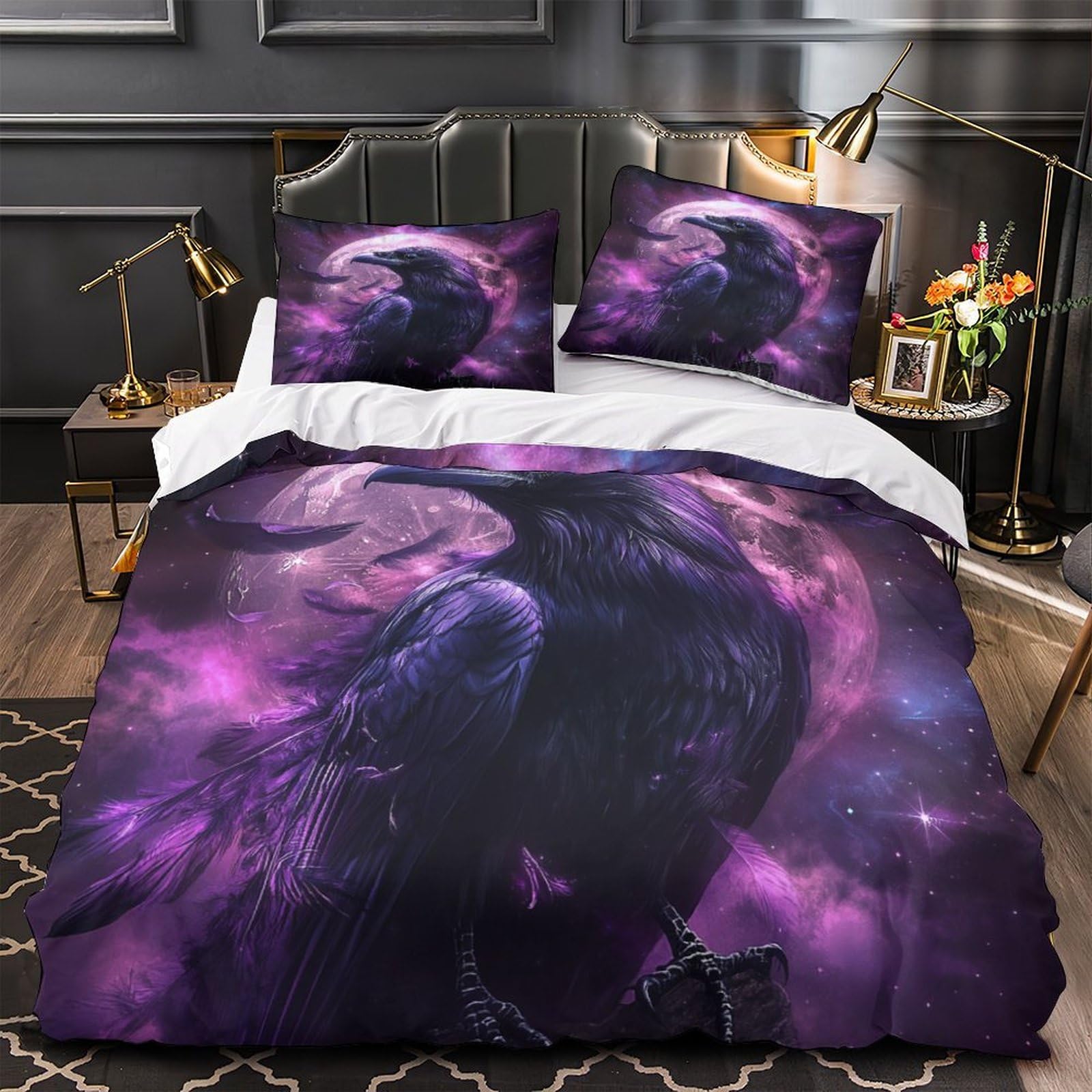 Housse couette corbeau imprimé 3D zippée pour grand lit de couple