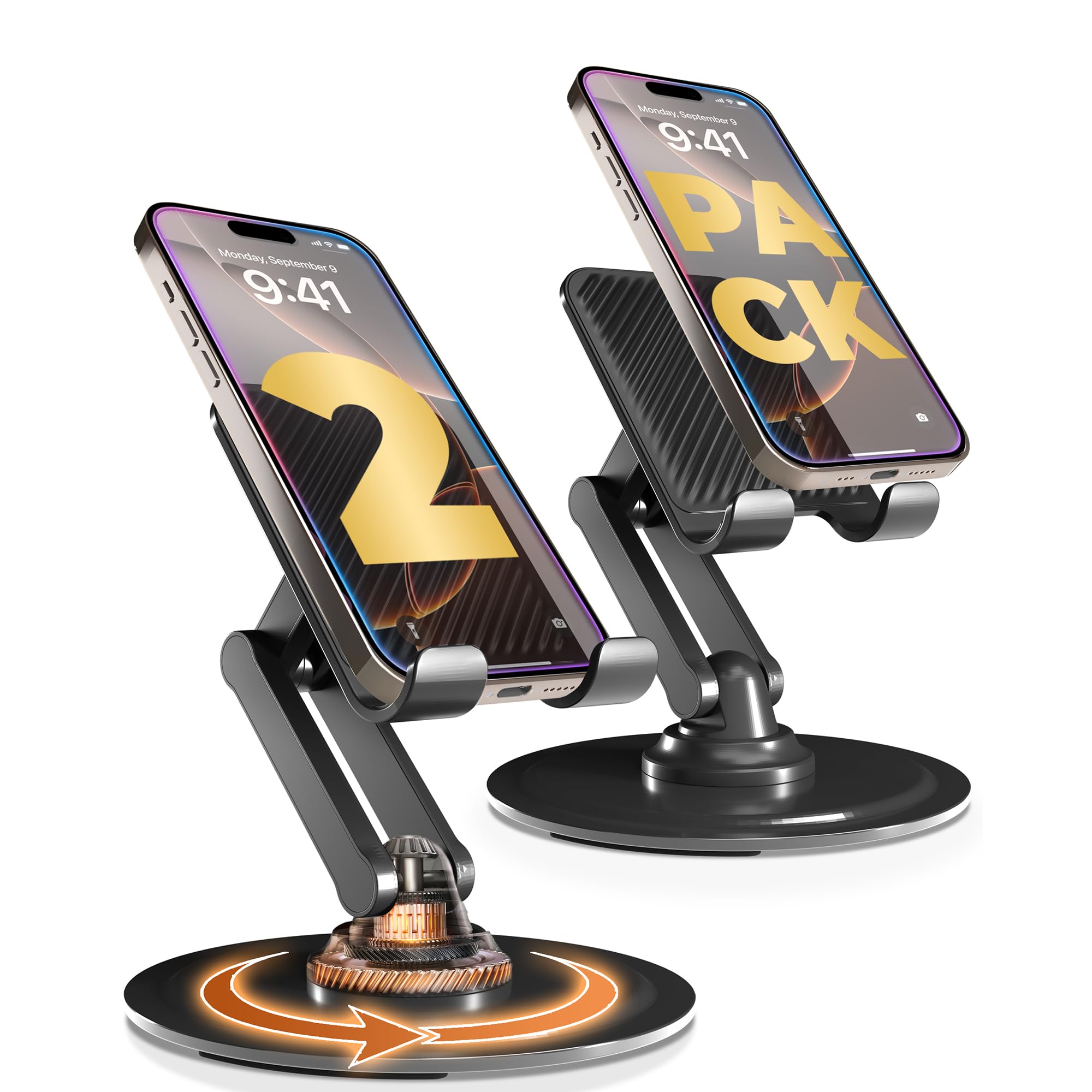 COOPER 360° Stand, [Gift Family Pack], Rotating Cell Phone Stand for Desk, Cell Phone Holder for Desk, iPhone Stand Holder, Sturdy Metal Base, Fits Samsung, Android Smartphones, (Piano Black, 2-Pack)