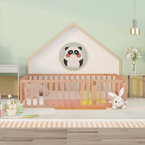 Miniatura 3 de Cama de suelo para niños, marco de cama Montessori tamaño Queen con barandillas de valla para niños, camas de madera para niños y niñas, natural