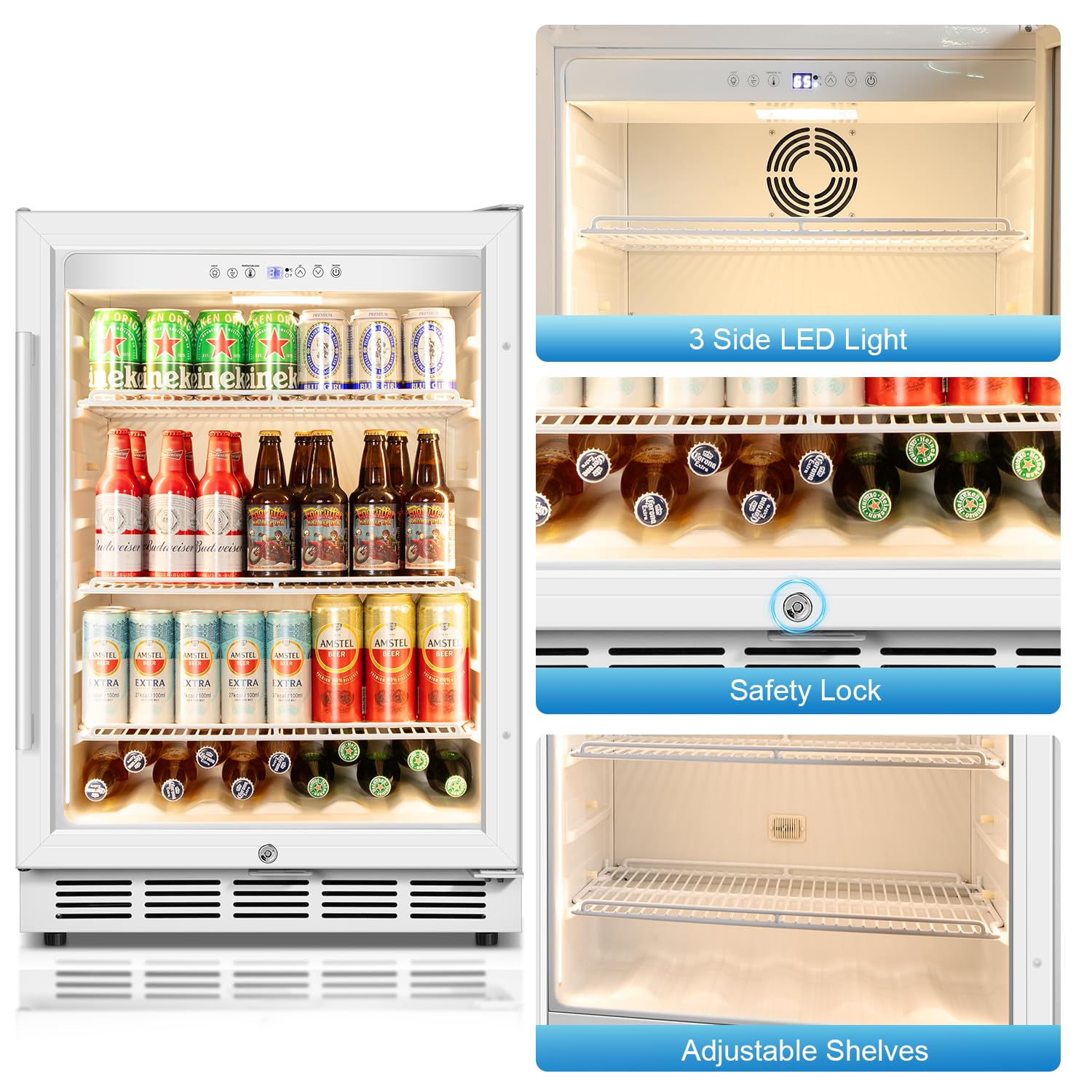 Velivi Beverage Refrigerator, 4.9 Cubic Feet Undercounter/Freestanding 24 Inch Beverage Fridge With Glass Door, LED Light, Safety Lock, Touch Control, Low Noise (White) on Fridge.com - View 5