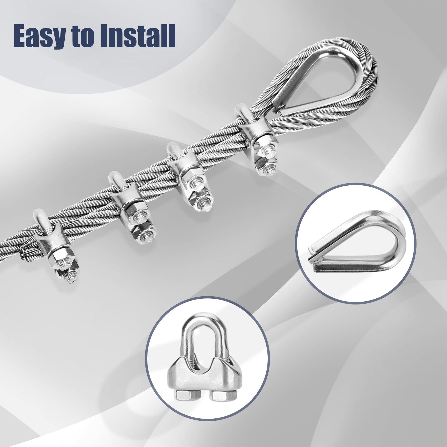 Cavo in acciaio inossidabile spesso 1/4, cavo metallico da 22,9 m, cavo aereo 7x19 fili, resistenza alla rottura 2.903 kg, linea zip con morsetto a clip per fune metallica M8 e ditali per cavi