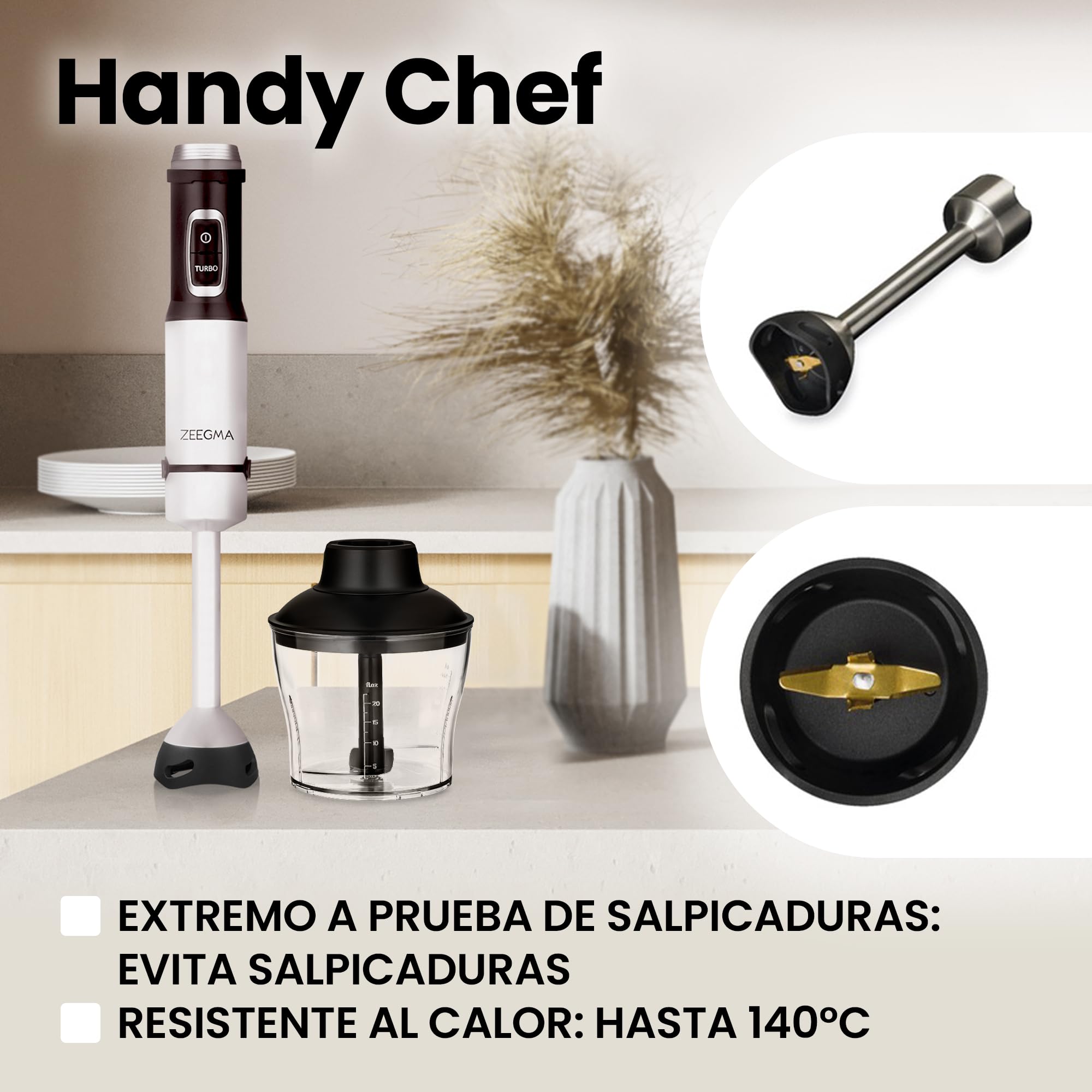ZEEGMA Batidora de mano Handy Chef 5 en 1 multifuncional de 1500 W, juego de boquillas: batidora, gancho para mezclar, procesador de alimentos de 0,6 l, recipiente de 0,8 l, modo turbo