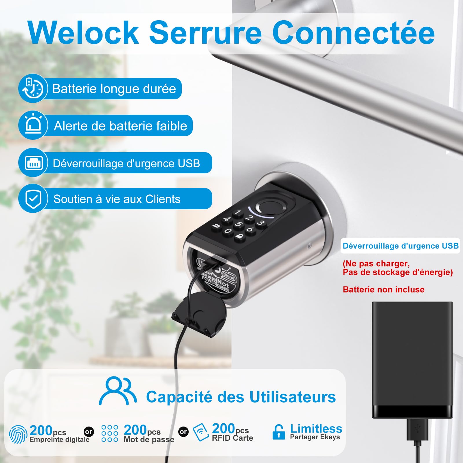 WELOCK ToucA51 Serrure Connectée serrure Empreinte Digitale avec Password,Carte RFID,APP et WiFi,Cylindre Connecté 30×30 pour portes de 30-70mm,Smart Lock IP65,Serrure a Code Installation Facile