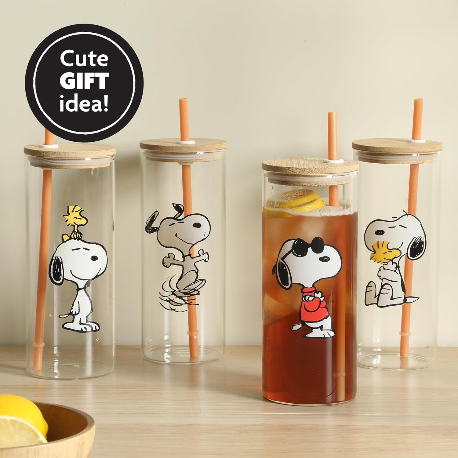 Peanuts Snoopy Happy Sips 4 Piece 23 OZ Tumbler Set with 4 Bamboo Lids and 4 Straws Set, Iced Coffee, Smoothie, Water Cup - Dishwasher Safe