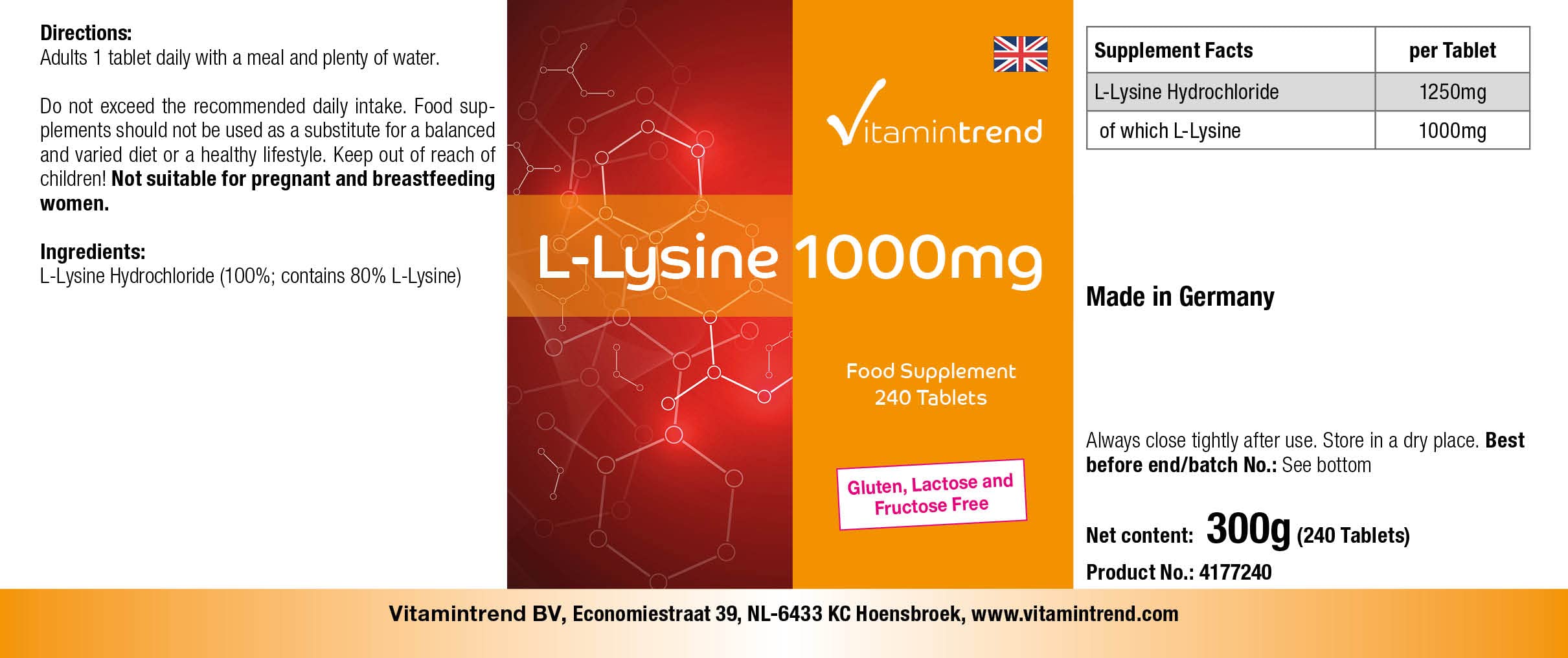 Vitamintrend L-Lisina 1000 mg, 240 compresse, ad alto dosaggio, integratore alimentare vegano senza stearato di magnesio, prodotto in Germania