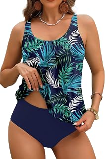 Yonique Womens 2 Piece Blouson Tankini Swimsuits Floral Bathing Suit Tops Modest Swimwear Leaf XXL Price In India