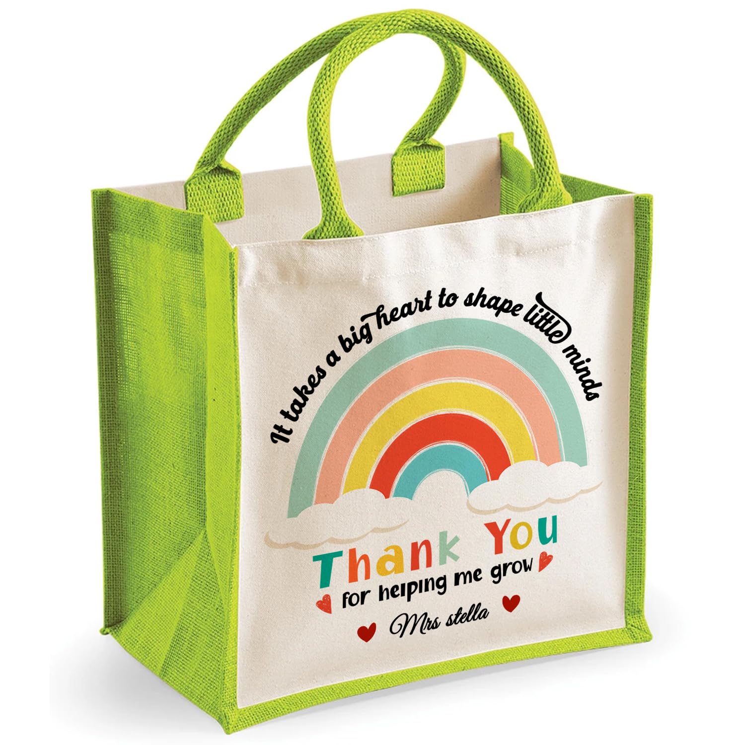 Personalised Teacher Thank You Jute Tote Bag, Custom Name Gift for Teacher, Rainbow Reusable Eco Shopping Bag, Large Cotton Handle Tote, Teaching Assistant, End of Term Thank You Gift, Apple Green