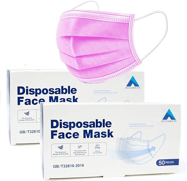 Accurate Pink Disposable Face Masks | 3 Ply Earloop Face Covering with Nose Clip | Sutaible for Sensitive Skin