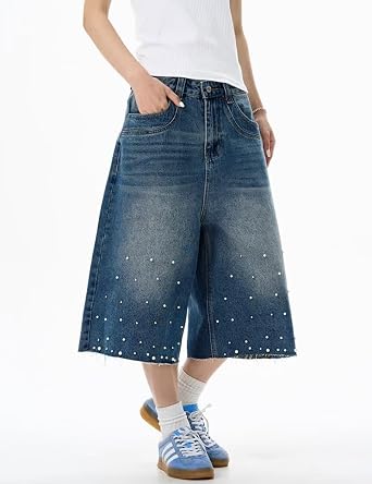 Y2k Jean Shorts Men Pearl Denim Bermuda Shorts Long Baggy Jorts Blue Skater Jeans Streetwear