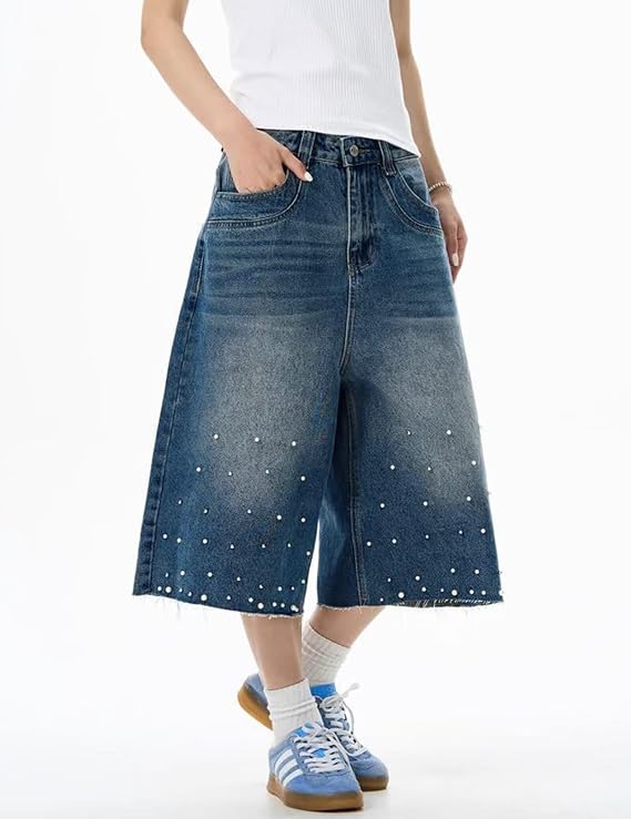 Y2k Jean Shorts Men Pearl Denim Bermuda Shorts Long Baggy Jorts Blue Skater Jeans Streetwear
