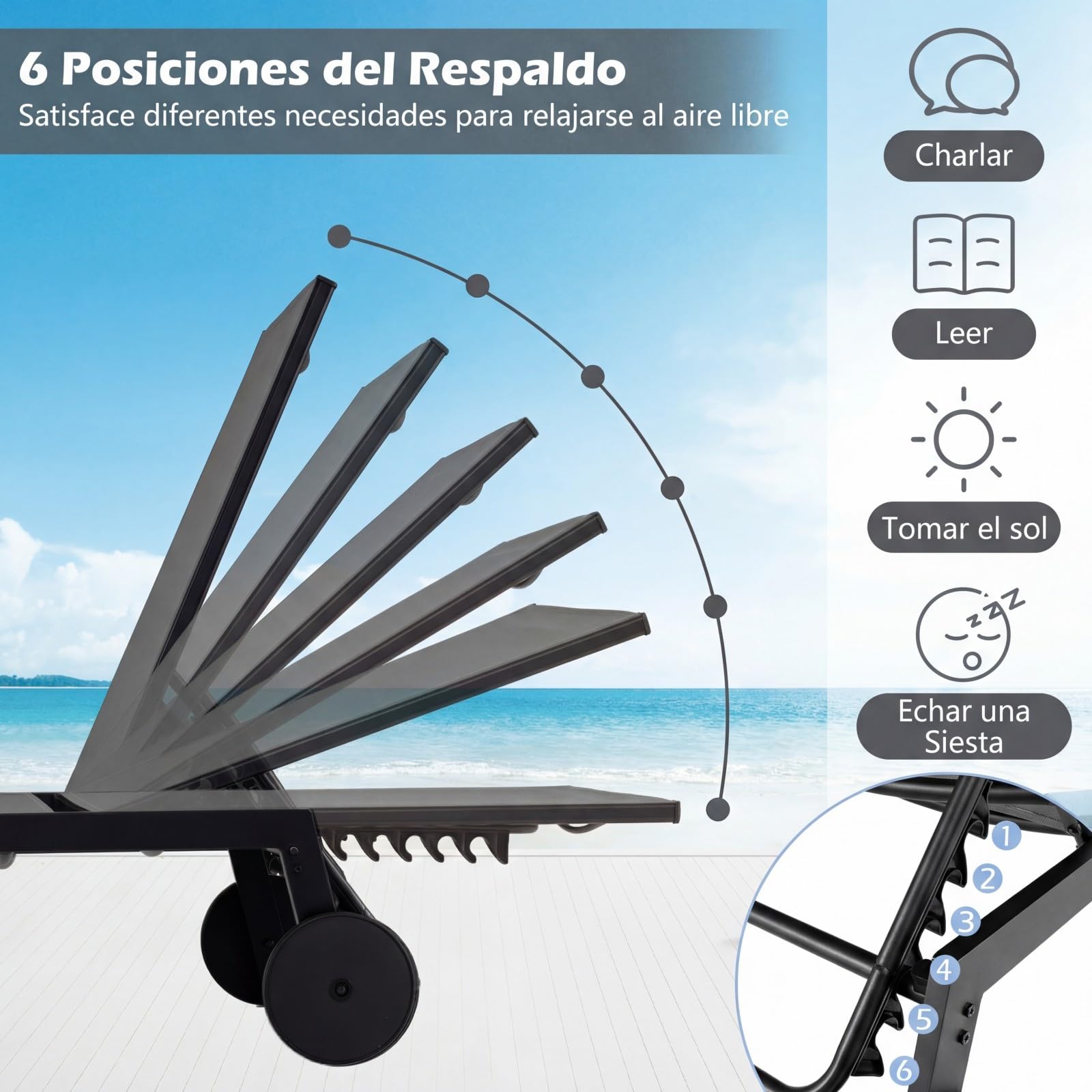 GOPLUS Tumbona Jardin Exterior con Mesa Auxiliar de Cristal, Conjunto de Sillas Exterior Apliables Reclinables en 6 Posiciones y 2 Ruedas Incorporadas, Malla Transpirable, Carga 150kg (Gris + Negro)