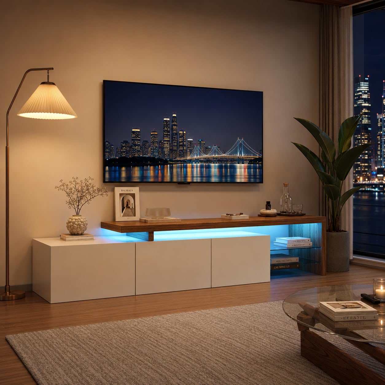 Meuble TV LED 200 cm,Armoire e TéLéVision,Banc TV,Meuble TéLé de Salon,Banc TV Moderne en Bois avec Trois Compartiments de Rangement,Armoire Basse Salle de SéJour IntéRieur,Meuble Salon (Blanc-1)