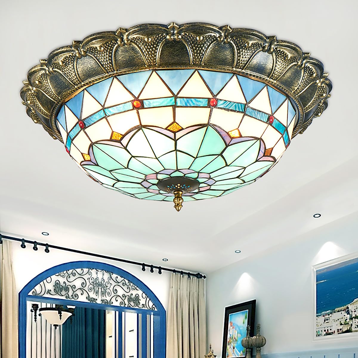 MIXL- Exquisite Flush Mount Art Glass Ceiling Lamp, Retro Tiffany Ceiling Light,Multi-Color Light Source Creative Decorative Lighting for Bedroom