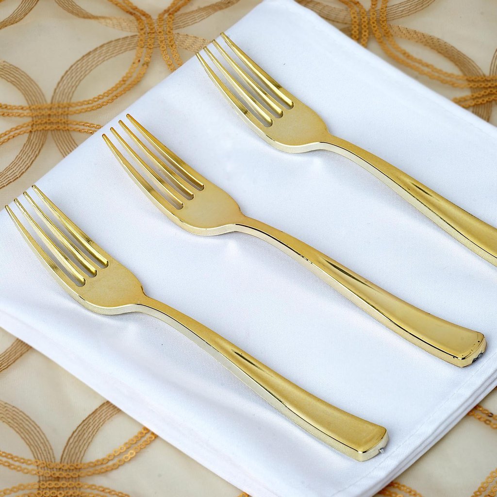 TABLECLOTHSFACTORY 100pcs Metallic Gold Disposable Plastic Fork for Wedding Birthday Party Banquet Events Candy Buffets