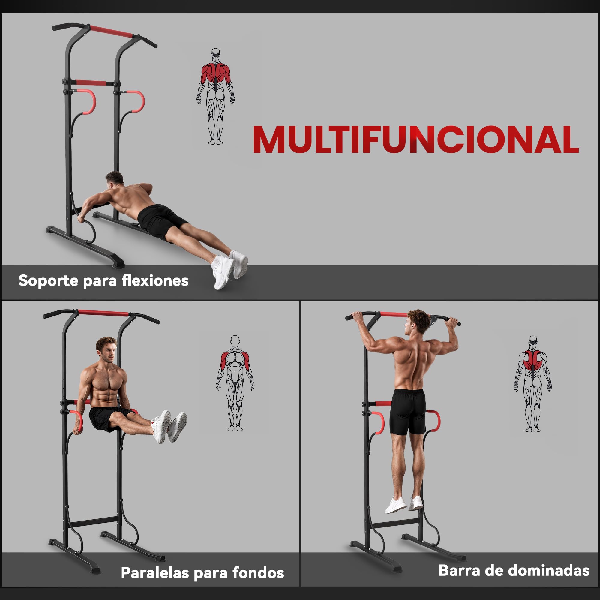 HOMCOM Barra de Dominadas Altura Regulable 219 cm, Estación de Fondos Resistente para Gimnasio en Casa, Máquina Dominadas Multifuncional, Carga 120 kg para Entrenamiento de Fuerza